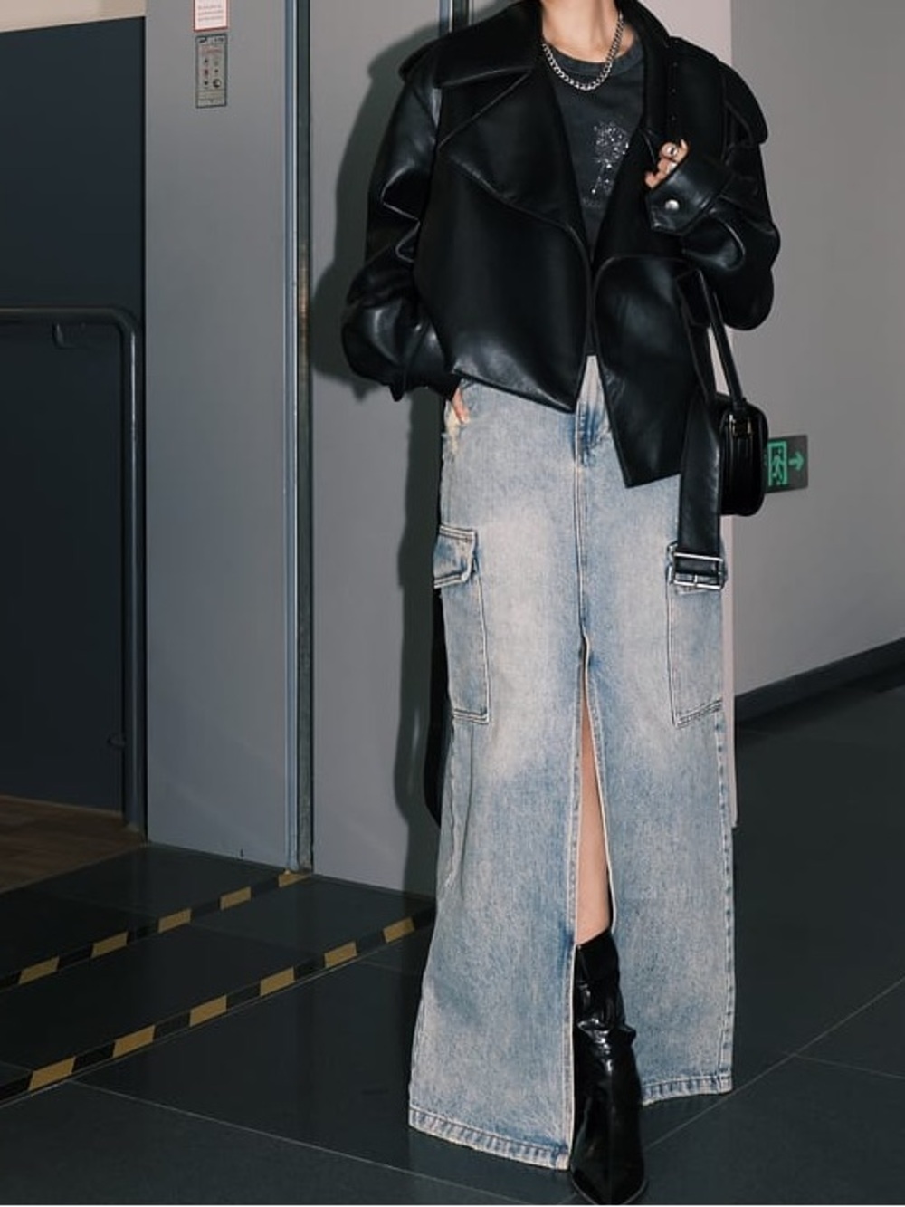 Light Blue Straight-Leg Denim Skirt with Front Slit